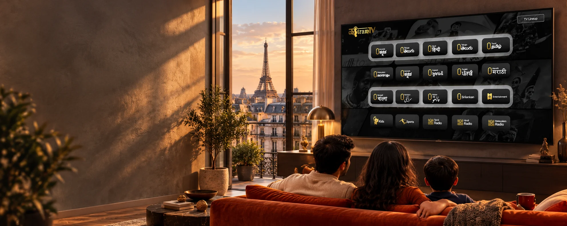 Family watching ChitramTV in a warm Paris living room